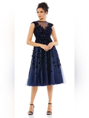 MAC DUGGAL 67910 Navy 3-D floral applique tulle midi dress Sz 14
